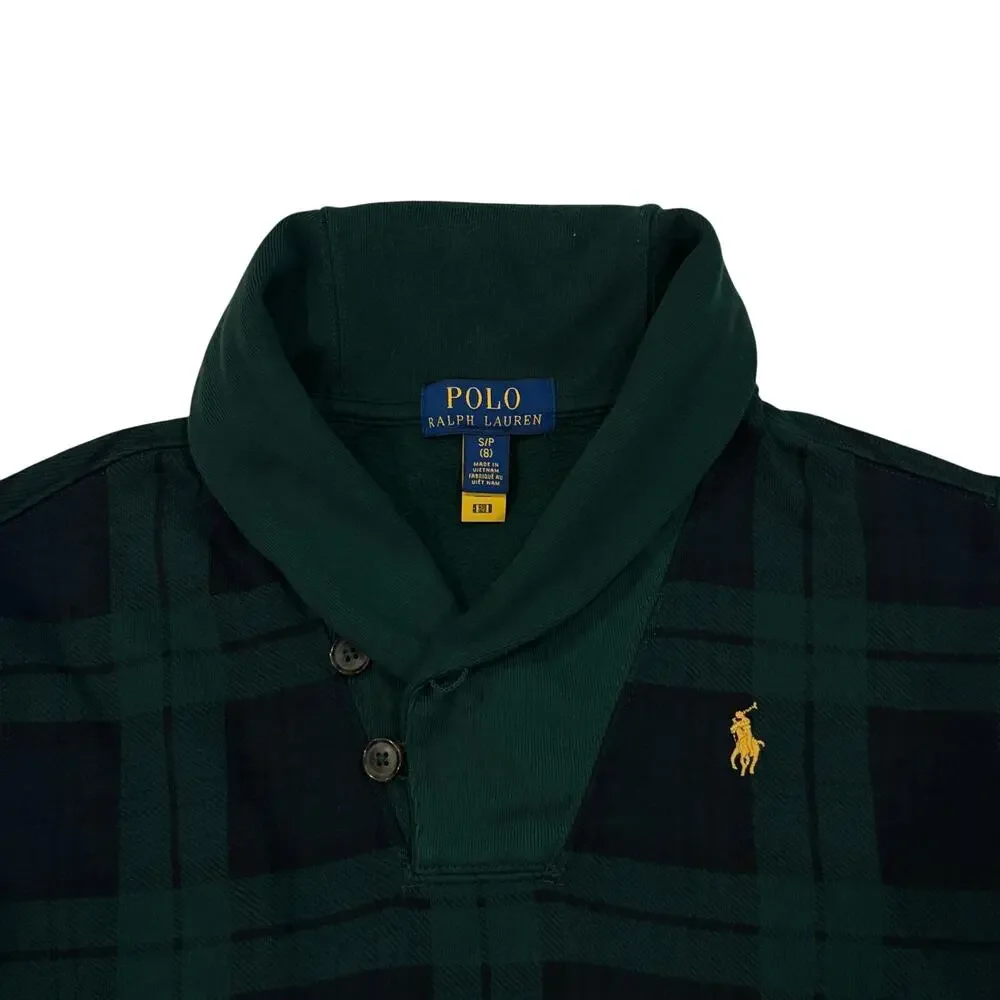 Polo Ralph Lauren Sweatshirt Boys Sz Small Green Blue Tartan Plaid Shawl Collar